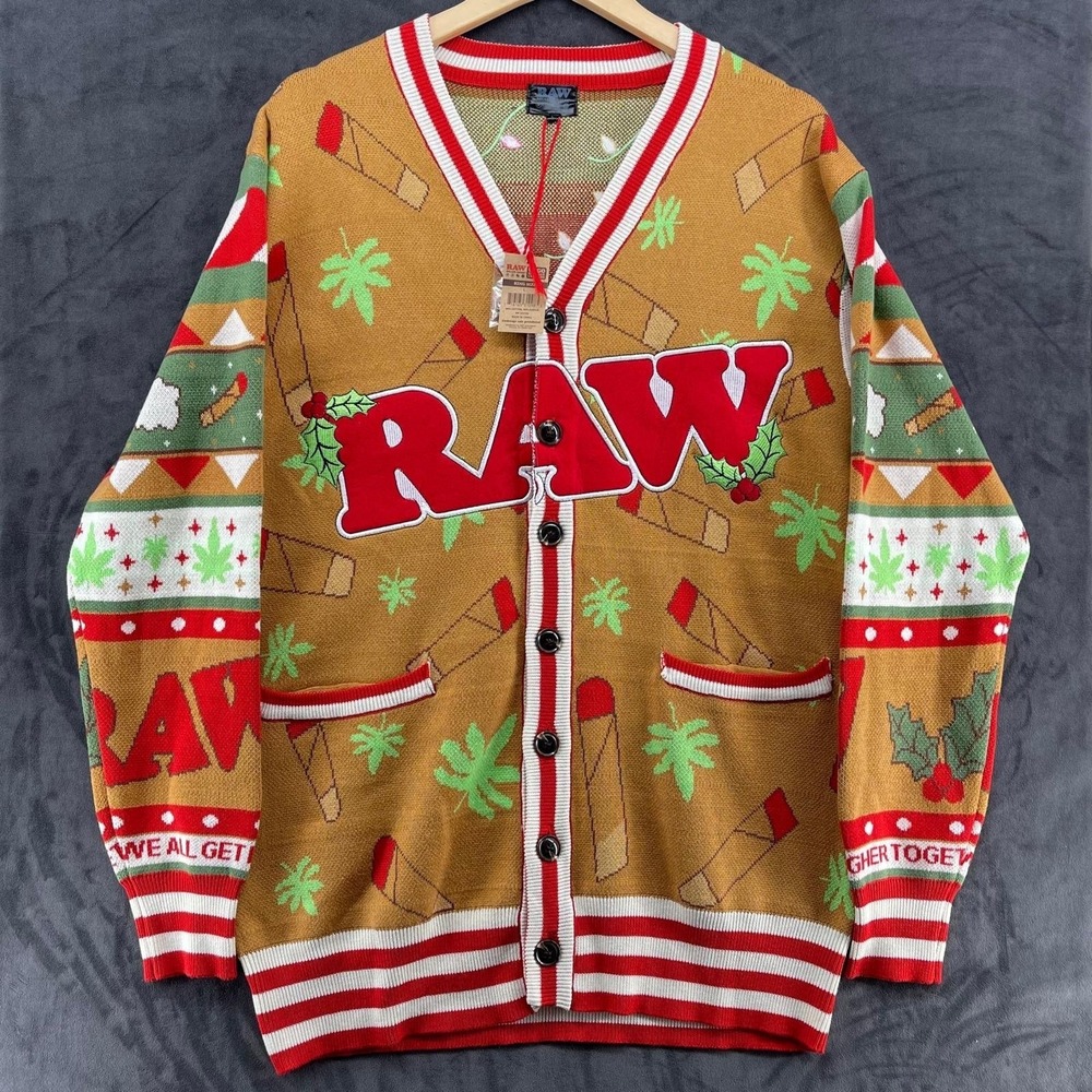 Rare RAW Rolling Papers Uggo Holiday Cardigan Sweater Tan Red Mens Large NWT